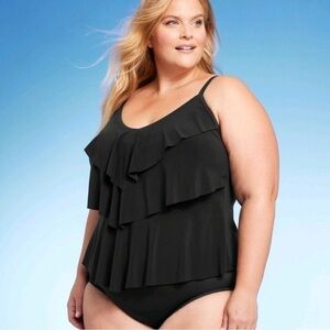 WOMEN’S Sleeveless Tiered Ruffle Tankini Swimsuit Top Black